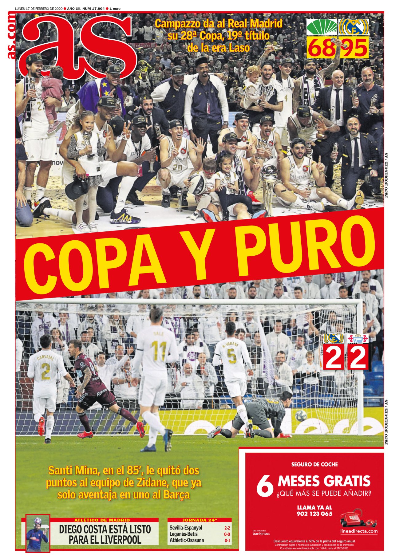 El Madrid de básket y el de fútbol compartieron portada pero contrariaron sentimientos. Los de Laso demostraron ante Unicaja que les sobra puntería para ganar, traducida en sus colmillos desde la línea de tres puntos. En cambio, los de Zizou continúan con su guerra entre el gol y el silencio. Y hay silencios que no callan. Al técnico francés solo le quedan dos caminos para encontrar el tanto: o Jovic o Bale. 