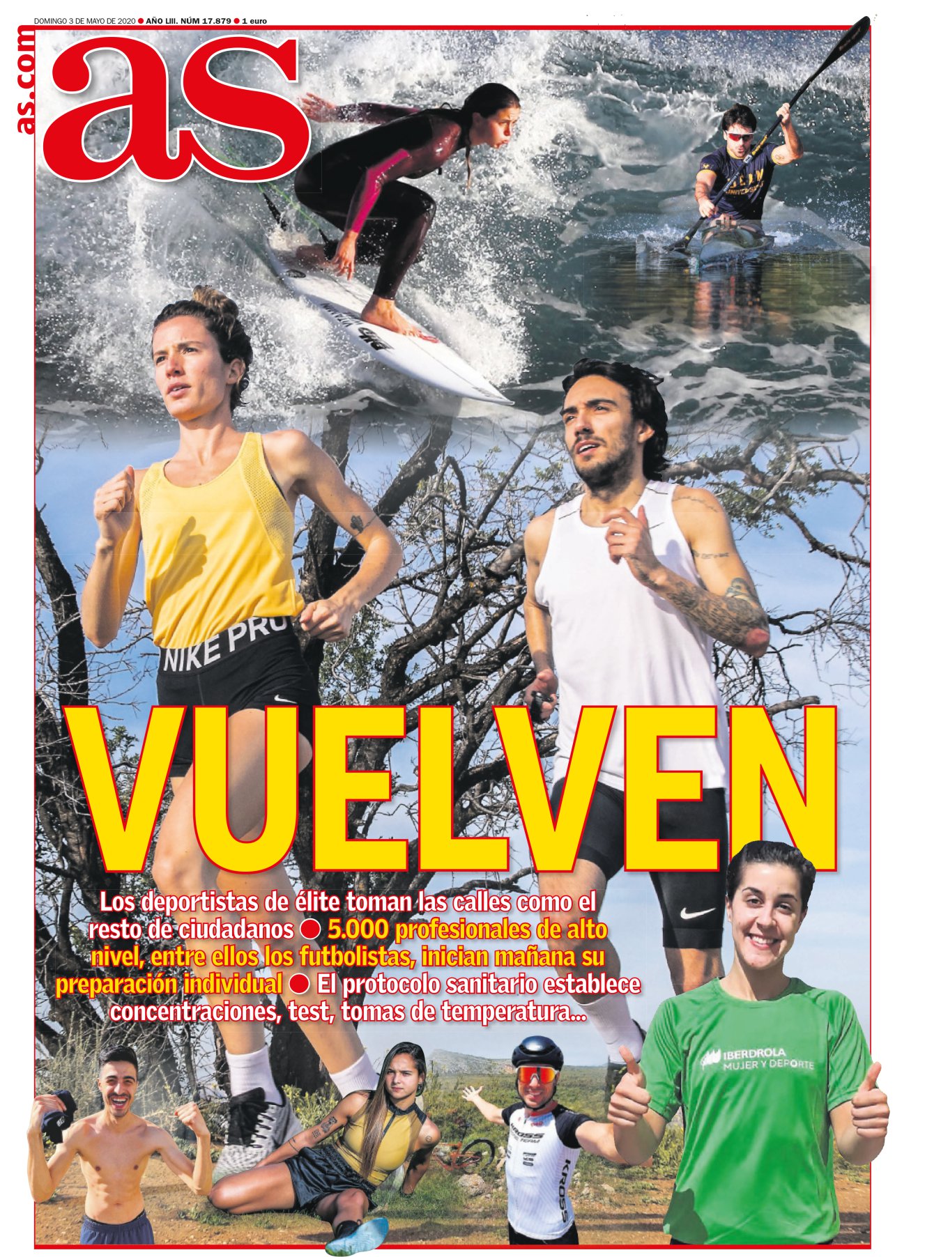 La portada del domingo es especial. Porque Fernando Carro y su pareja, Clara Viñarás, simbolizan la vuelta del deporte a sus entrenamientos. Un plusmarquista de la talla de Carro está acostumbrado a que le pongan obstáculos. A sus 28 años vive el mejor momento de su carrera y compara la extrañeza de este mes y medio con una lesión pesada. Reconoce que al principio de echar a correr se sintió como un pato, pero no sería de los más raros. Hay algunos que salieron a correr en camisa. 