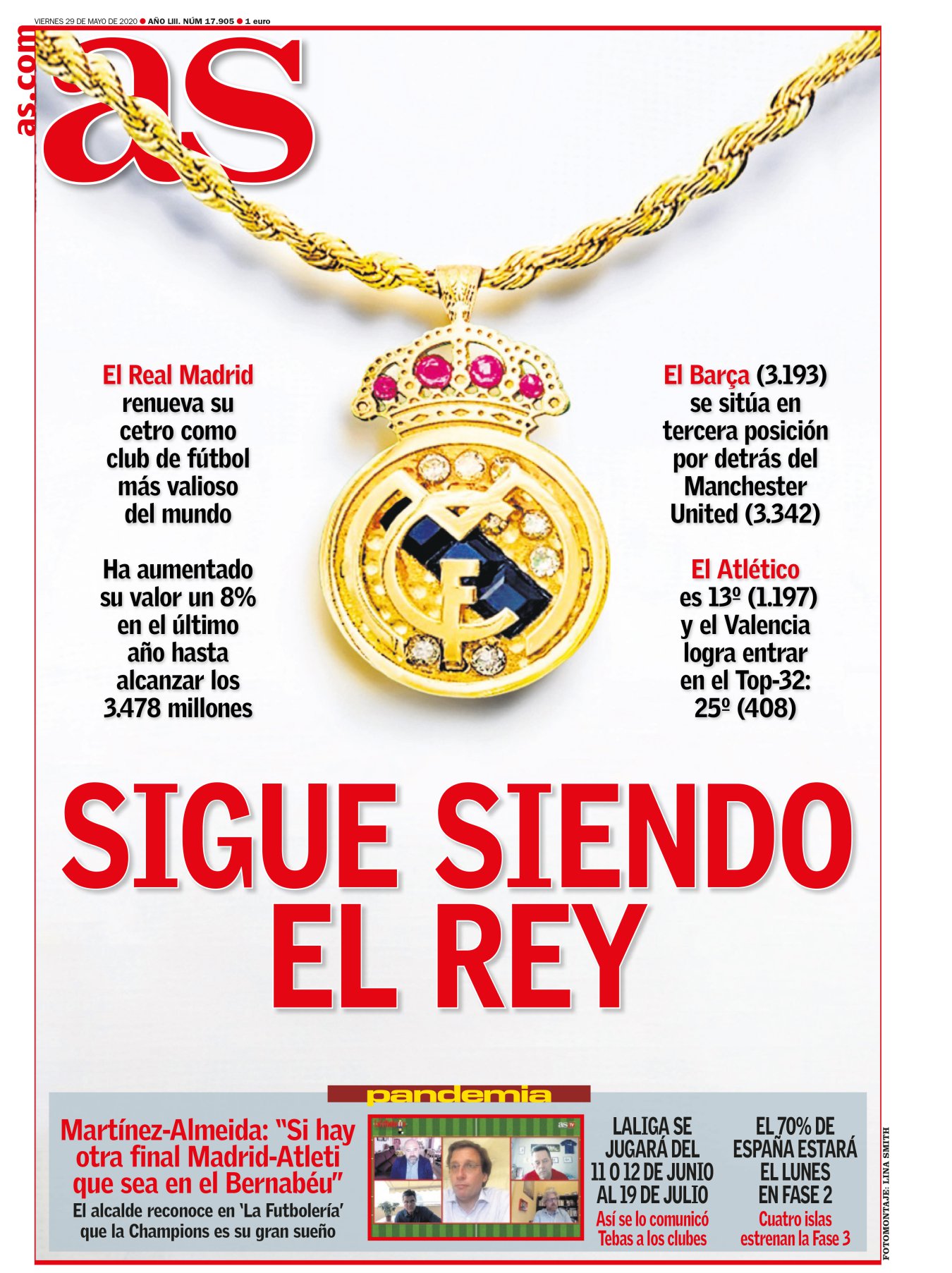 Florentino Pérez se apunta un mérito más: el Madrid es el club de fútbol más valioso del mundo, seguido del Manchester United y del Barça. El Madrid sigue siendo el equipo más galáctico, aunque ya en vez de cracks contrastados ficha semillas. La sorpresa de esta lista reside en el lugar del Manchester United, que hace tiempo que cambió el glamour de los looks de Beckham por los pelos de Fellaini. Pero no lo mueven. 