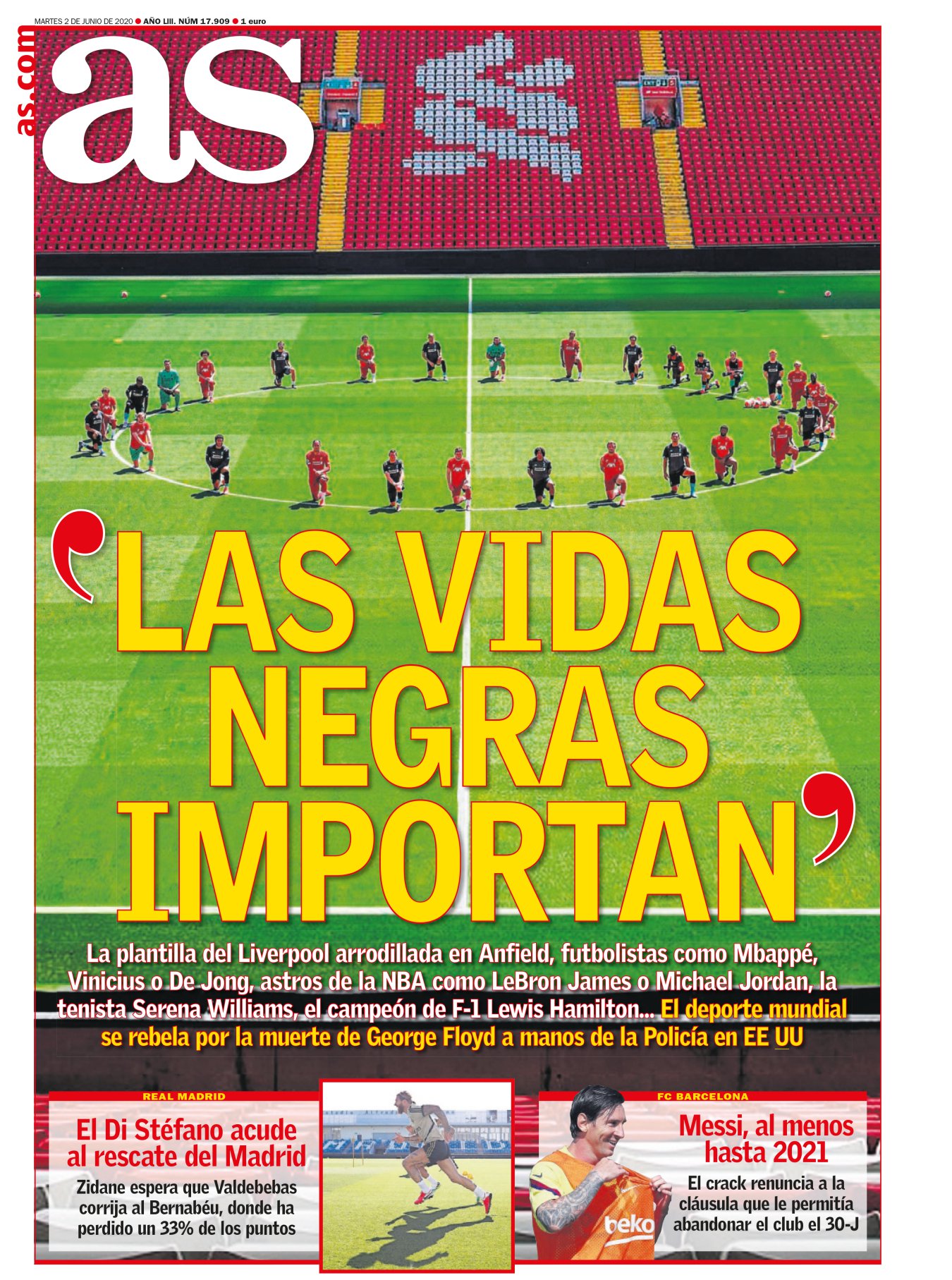 El mundo ha estallado por la muerte de Floyd, tras tantos años de injusticia racial en Estados Unidos. Es un alivio que la gente no se haya quedado de brazos cruzados, con el deporte implicado. Pero la sociedad americana no cambiará con detalles, ni con pillajes, y jamás lo hará con Donald Trump. Siempre con una lata de gasolina en la mano, un peligro para todos. 