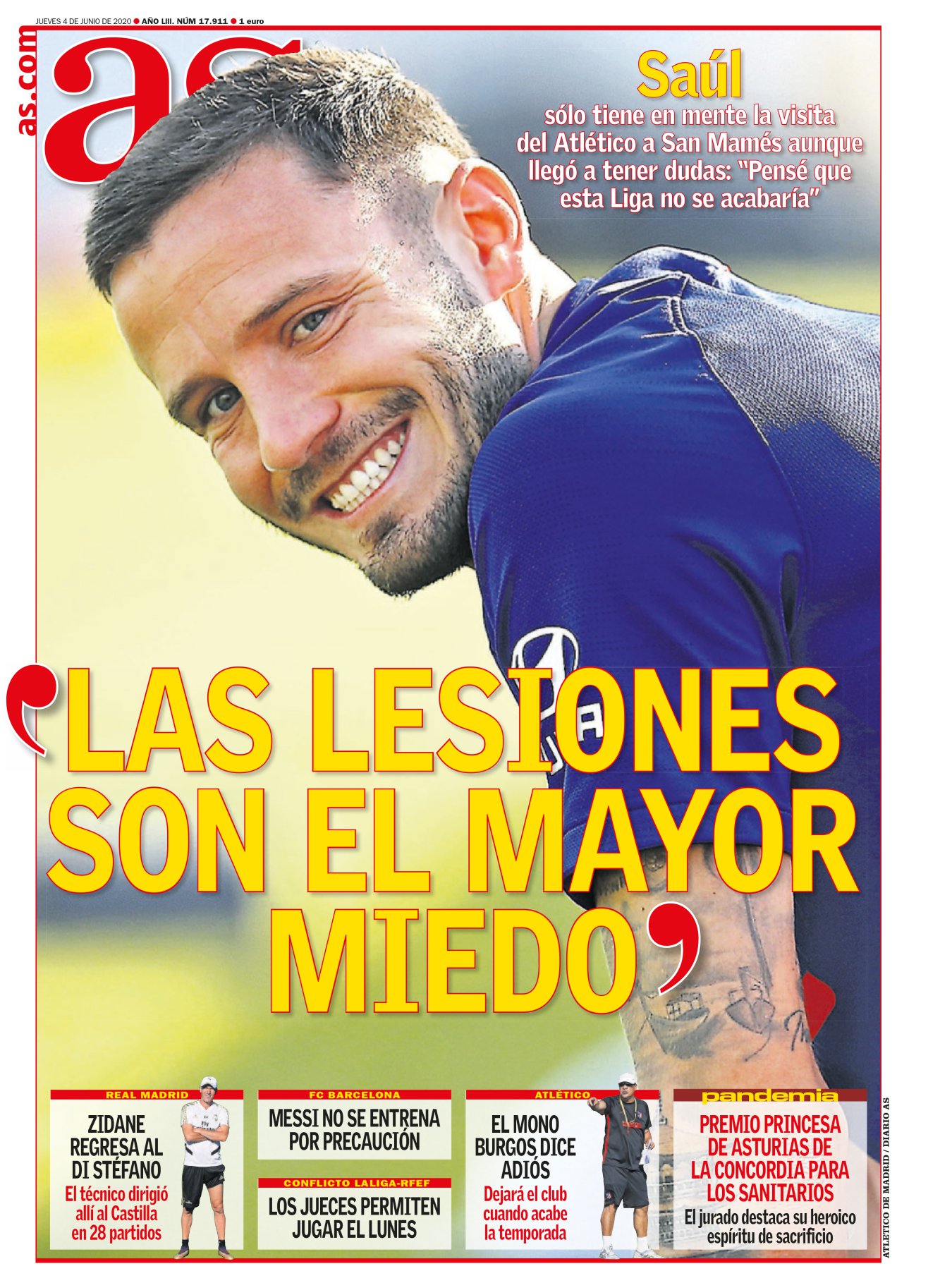 En estos tiempos confusos las confesiones se han trasladado a las videollamadas. En una de ellas se dieron cita Picos y Saúl, aprovechando el nuevo proyecto del futbolista atlético. Saúl estuvo cercano y directo, como acostumbra en la vida y en el campo. El multiusos de Simeone reconoció el miedo a lesionarse, como si fuera el miedo a las espinas, en este extraño regreso. Y comentó la falta de intensidad en la vuelta del fútbol alemán; en esto no hay mayor experto que un atlético. 