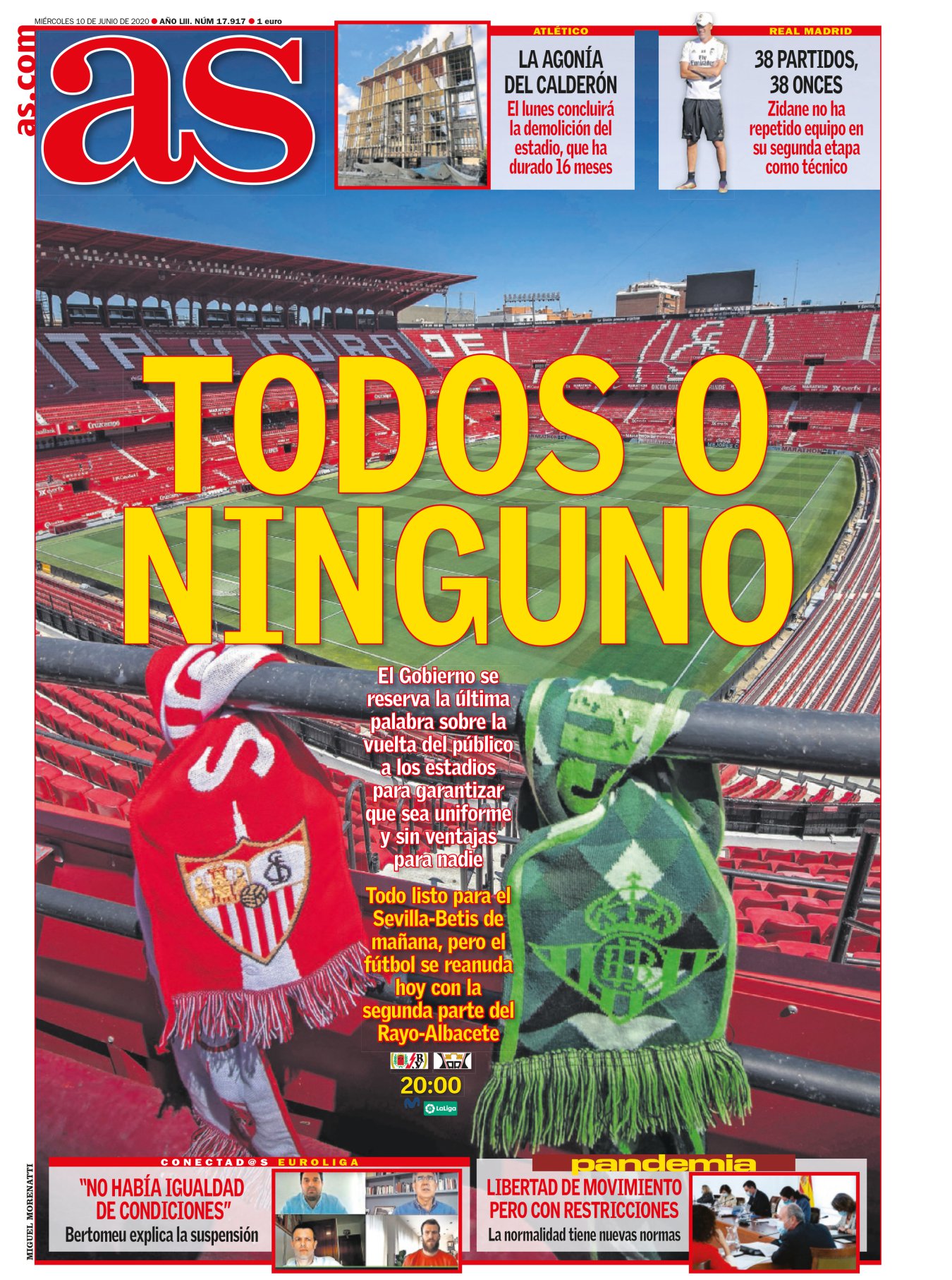 La Liga vuelve no sin polémica. Si no, no podría volver. La última envuelve el tema de los aficionados en los estadios. A mí se me ocurre una pregunta: si pudiéramos ir al fútbol, ¿qué aficionados tendrían preferencia? Yo lo tengo claro, prioridad para los más guapos. La Liga pensaría lo mismo, ahora que han dejado de pensar en la mayoría de la gente. La próxima vuelta a la competición podría ser con partidos solo a penaltis. 