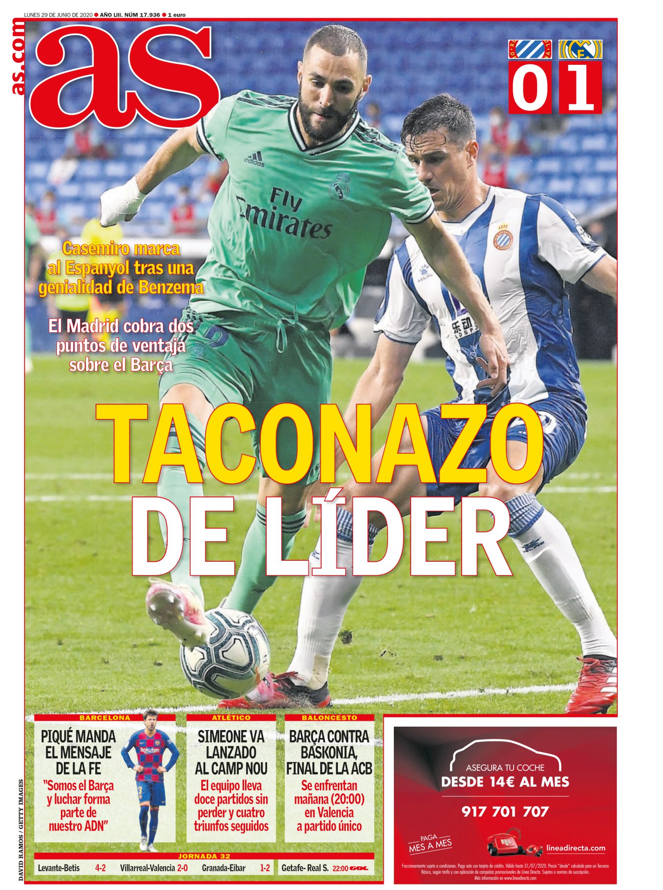 El Madrid mordió la Liga con gol de Casemiro y sortija de Benzema. A Karim le está pasando como a Van Gogh, solo que al francés le han descubierto todos justo a tiempo. Siempre le han discutido por meter pocos goles, y ahora marca más, pero se le recordará por imágenes más que por tantos. La del último baile del Calderón, por ejemplo, y con el taconazo del domingo, que puede valer una Liga. La suya.