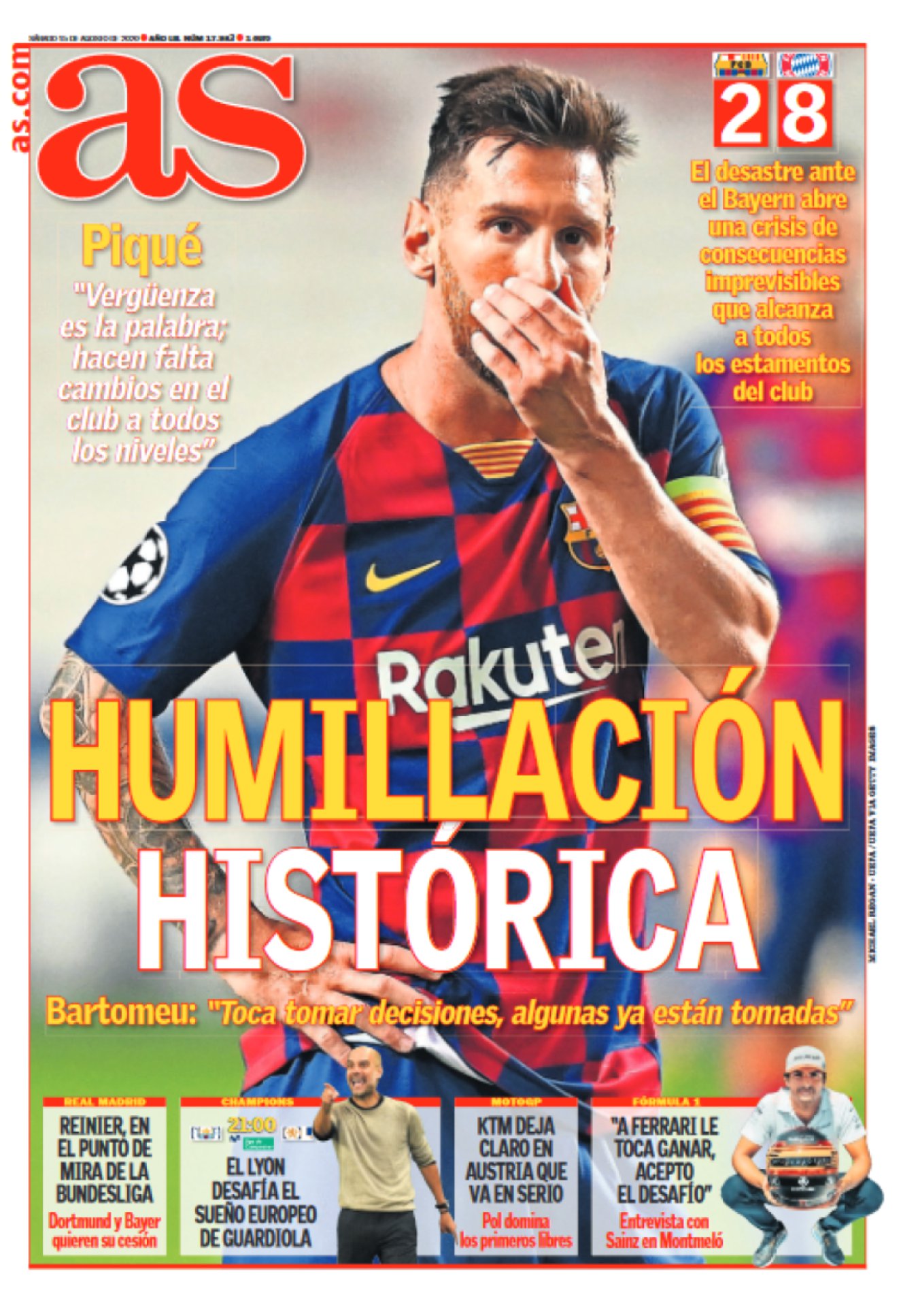 Hay días que se clavan en la historia. El viernes fue uno de ellos. Lo que más me cuesta aceptar de la existencia es que no todo sea perfecto. Y Messi, el futbolista más perfecto del mundo, recordará en toda su vida episodios muy angustiosos. El Bayern humilló al Barça como si fueran once caballeros armados saqueando una aldea sin piedad. Messi se quedó pasmado; su equipo se derruía. Pero nunca será el final. 

