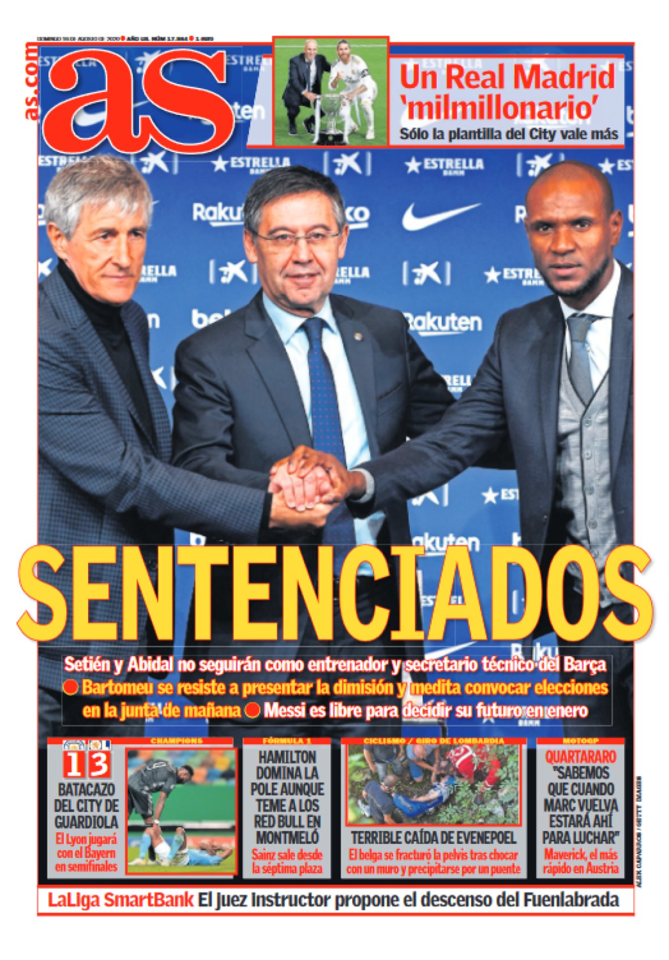 Bartomeu, Abidal y Setién han fracasado. El menos culpable de todos fue Setién, que vivió con miedo desde el principio, y tuvo el móvil encendido al menos hasta las 4 de la mañana. El Barça no ha sabido adaptarse a los tiempos. Pero quién se repone a las marchas de Puyol, Dani Alves, Xavi, Neymar e Iniesta. Quién podría aguantar el paso de los días sabiendo que de Messi ya falta menos. 

