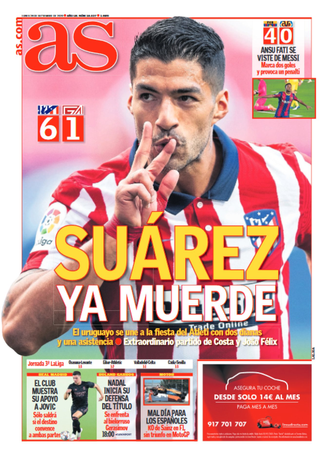 Luis Suárez es una estrella mundial. Cómo no iba a encajar. Segurola escribió hace poco que los caballos se alimentan del ruido de su galope. El uruguayo hace tiempo que se pasó al trote, pero cada vez se nutre mejor del sonido de sus goles. Solo hay una cosa que le puede parar: tanto 0-0.












