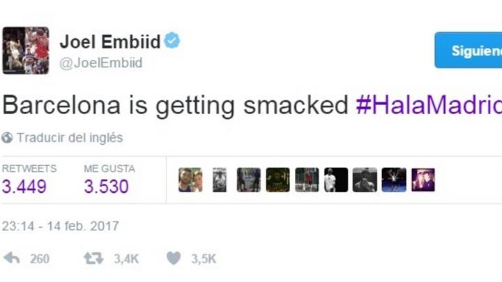 Joel Embiid: "El Barça está siendo vapuleado. Hala Madrid"