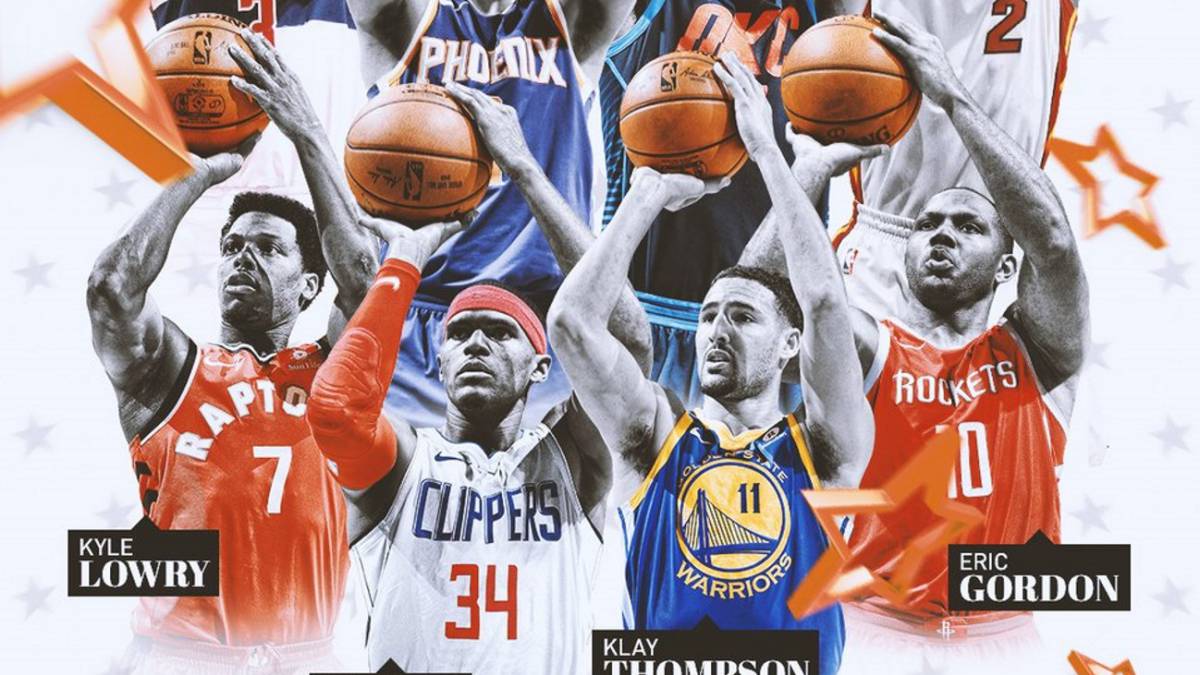 Los participantes en el concurso de triples: Eric Gordon (campeón en 2017), Klay Thompson, Bradley Beal, Paul George, Kyle Lowry, Devin Booker, Tobias Harris y Wayne Ellington.