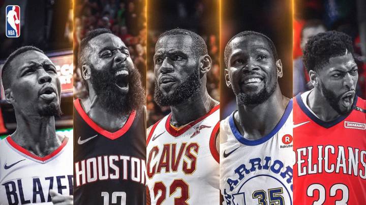 Lillard, Harden, LeBron, Durant y Davis, integrantes del All-NBA primer equipo de la 2017-18.