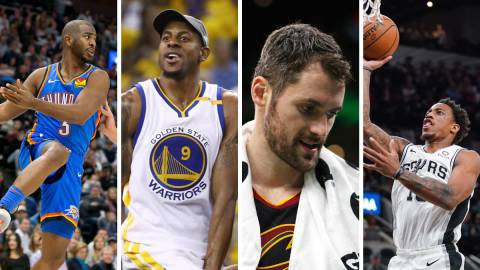 Algunos de los nombres que protagonizan rumores de traspaso en la NBA: Chris Paul, Andre Iguodala, Kevin Love y DeMar DeRozan, de izquierda a derecha