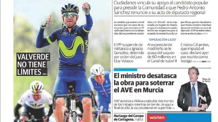 El diario murciano La Verdad dedicó su portada al quinto triunfo de Valverde en la Flecha Valona, el cuarto consecutivo.