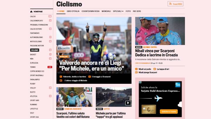 La Gazzetta dello Sport recogió en su edición digital la victoria de Alejandro Valverde en Lieja-Bastoña-Lieja y su dedicatoria a Michele Scarponi.