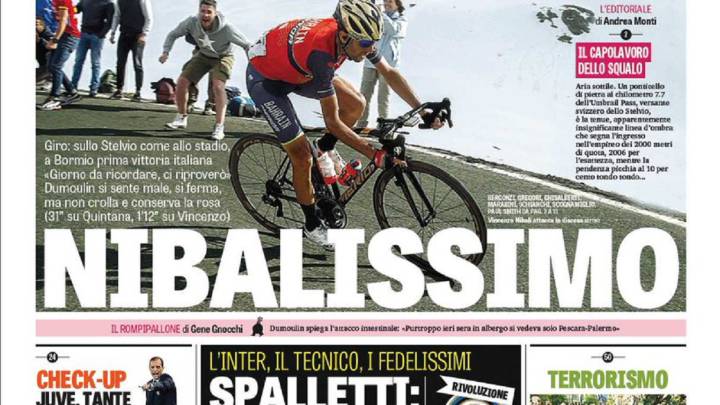 La Gazzetta dello Sport dedica su portada a Vincenzo Nibali tras lograr la primera victoria italiana en el Giro de Italia 2017.