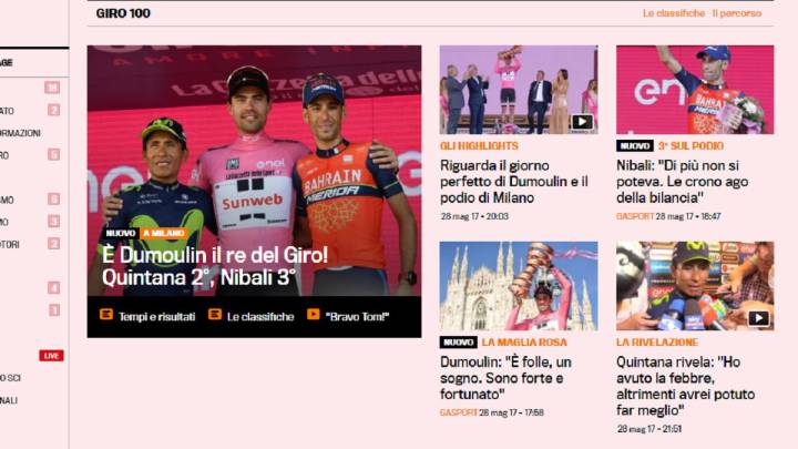 La Gazzetta dello Sport recogió en su edición digital la victoria de Tom Dumoulin en el Giro.
