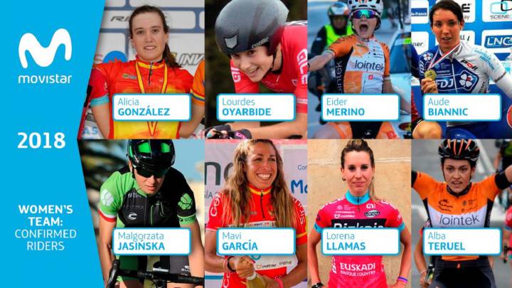 Alicia González, Lourdes Oyarbide, Eider Merino, Aude Biannic, Malgorzata Jasinska, Mavi García, Lorena Llamas y Alba Teruel, primeras corredoras confirmadas en el Movistar Team femenino.