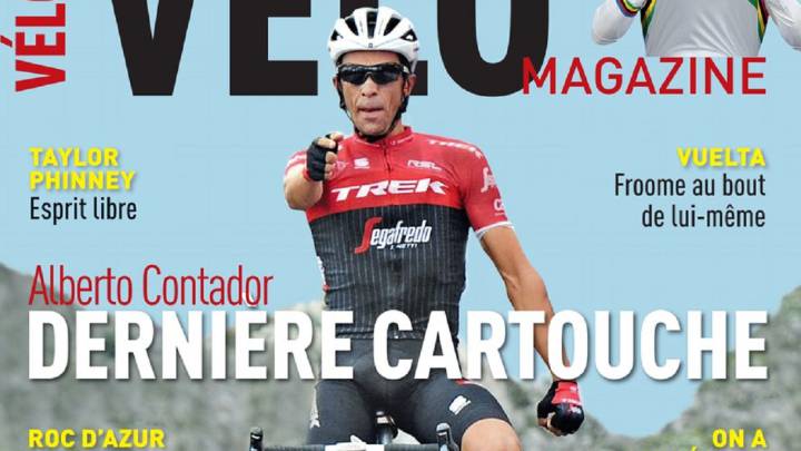 Portada de Vélo Magazine de octubre de 2016 dedicada a Alberto Contador, que aparece haciendo su habitual disparo tras gana la etapa de L´Angliru en La Vuelta.