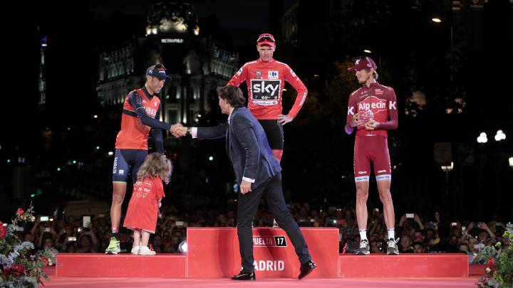 El podio de La Vuelta: Nibali (2º), Froome (1º) y Zakarin (3º).