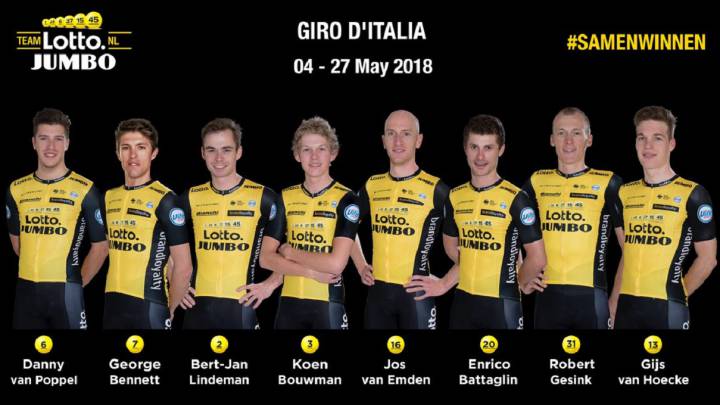 Imagen de los ocho ciclistas del Lotto-NL Jumbo para el Giro de Italia con George Bennett como líder.