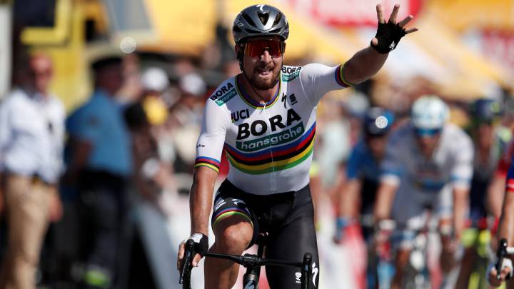 Peter Sagan celebra su victoria en la segunda etapa del Tour de Francia 2018.