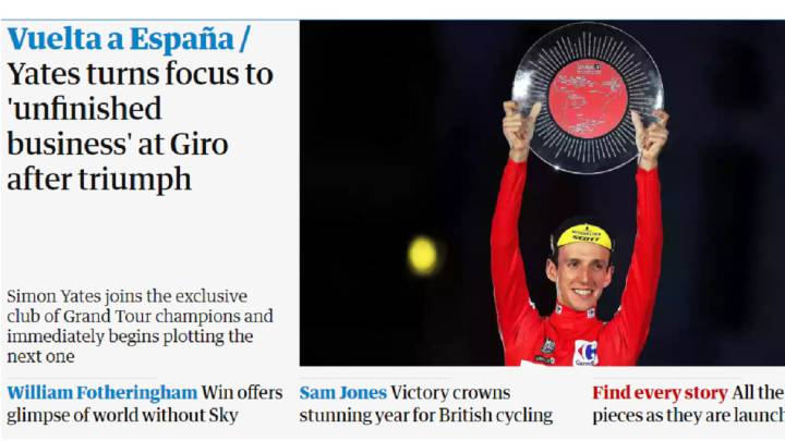 Así recoge The Guardian en su edición digital el triunfo de Simon Yates en  la general de la Vuelta a España 2018.