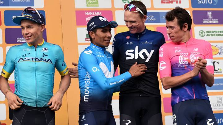 Chris Froome saluda a Nairo Quintana tras la última etapa del Tour Colombia 2.1.