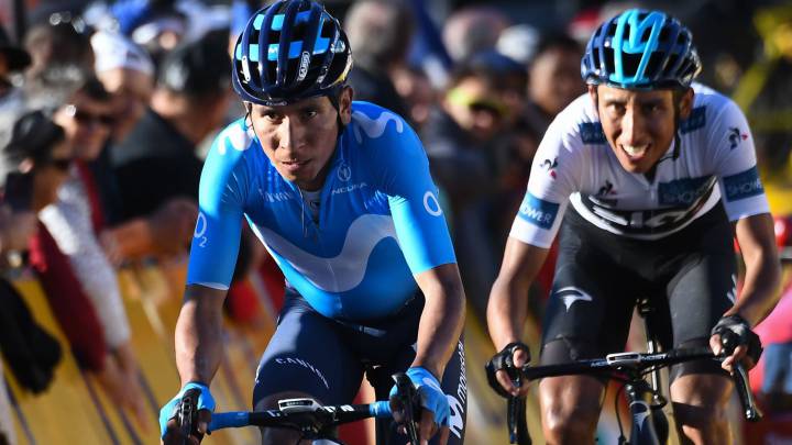 Nairo Quintana y Egan Bernal llegan a la meta de la séptima etapa de la París-Niza en la llegada en alto al Col de Turini.