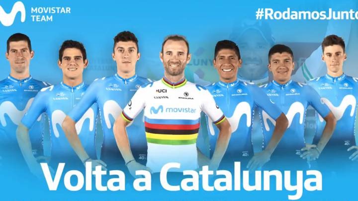 Equipo del Movistar Team para la Volta a Catalunya con Alejandro Valverde, Nairo Quintana, Marc Soler y Richard Carapaz como ciclistas más destacados.