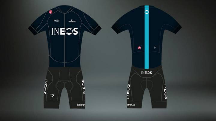 Imagen del maillot del Team INEOS para el Tour de Romandía 2019 con los colores del equipo Sky.