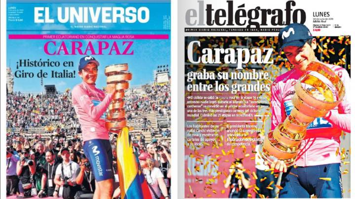 Portadas de El Universo y El Telégrafo del 3 de junio de 2019 con Richard Carapaz como gran protagonista tras su triunfo en la general del Giro de Italia.