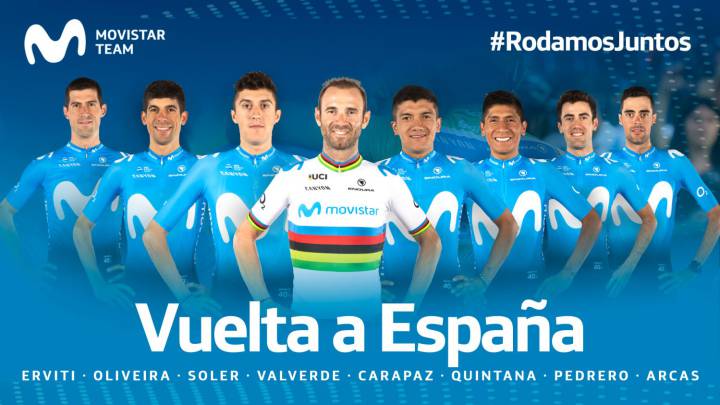 Equipo de Movistar Team para la Vuelta a España con Alejandro Valverde, Richard Carapaz, Nairo Quintana y Marc Soler entre otros.