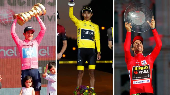 Richard Carapaz, Egan Bernal y Primoz Roglic posan con los títulos de campeones del Giro de Italia, Tour de Francia y Vuelta a España respectivamente.