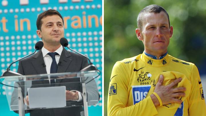 El presidente de Ucrania Volodímir Zelenski y el exciclista estadounidense Lance Armstrong.