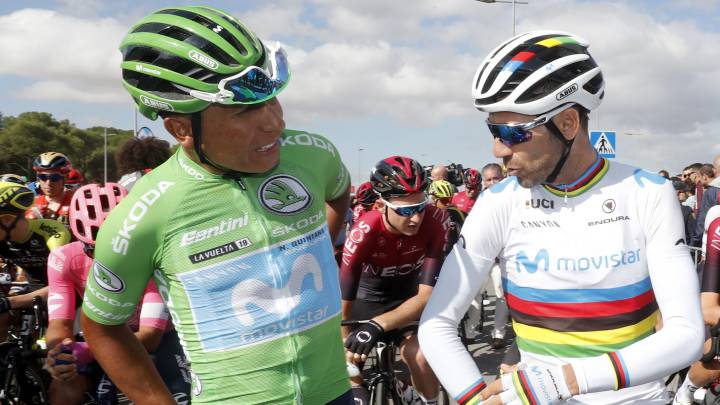 Nairo Quintana y Alejandro Valverde, antes de la 17ª etapa de la Vuelta a España entre Aranda de Duero y Guadalajara.
