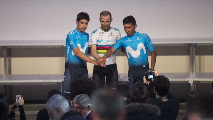 Mikel Landa, Alejandro Valverde y Nairo Quintana, durante la presentación del equipo Movistar de 2019.