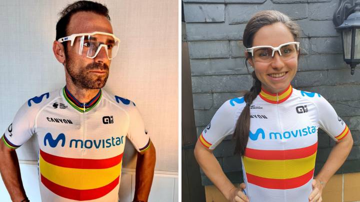 Los campeones de España de ciclismo Alejandro Valverde y Lourdes Oyarbide posan con las gafas 100% con las que compiten en el Movistar.