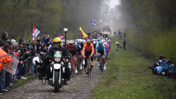 El pelotón atraviesa el tramo de pavés del Bosque de Arenberg durante la París-Roubaix 2019.