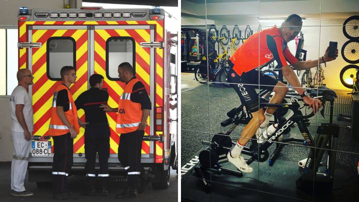 Imagen de la ambulancia que trasladó a Chris Froome tras su caída en el Dauohiné y del propio Froome en un entrenamiento durante la cuarentena.