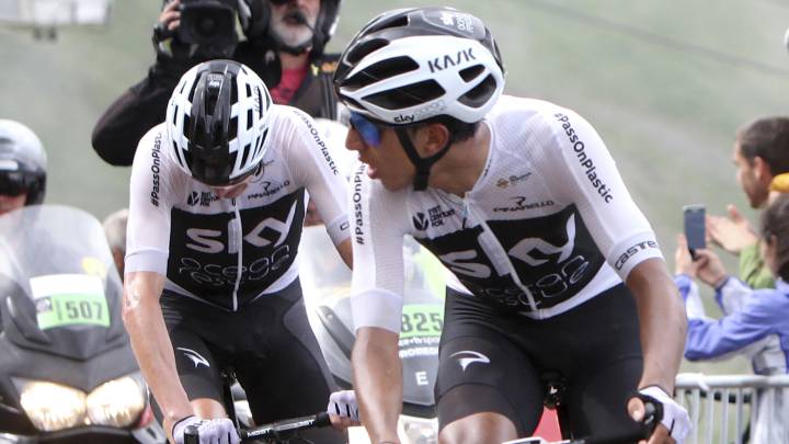 Egan Bernal ayuda a Chris Froome durante la llegada al Col du Portet en el Tour de Francia de 2018.