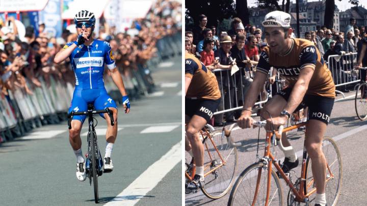 Los ciclistas belgas Remco Evenepoel y Eddy Merckx.