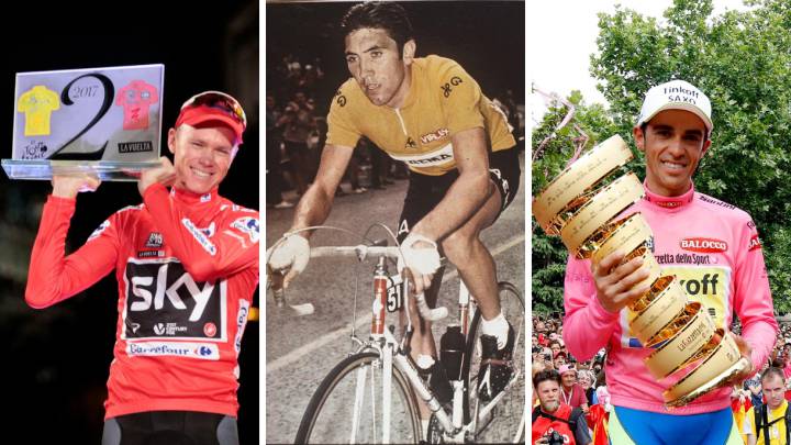 Chris Froome, Eddy Merckx y Alberto Contador, tres corredores que han ganado Giro de Italia, Tour de Francia y Vuelta a España.