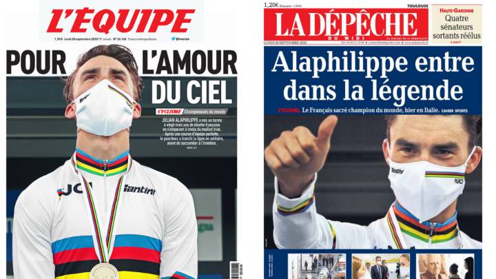 Portadas de L'Équipe y La Dépêche du Midi del lunes 28 de septiembre de 2020 con la victoria de Julian Alaphilippe en el Mundial de Ciclismo en Ruta de Imola.