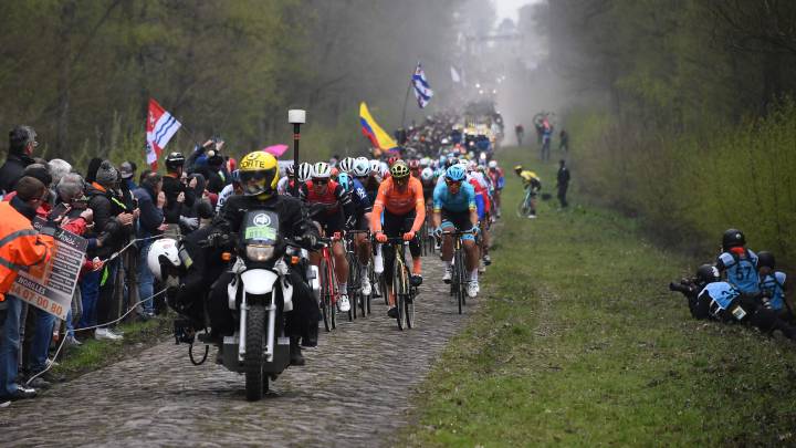 El pelotón pasa por el tramo de pavés del Bosque de Arenberg durante la París-Roubaix 2019.