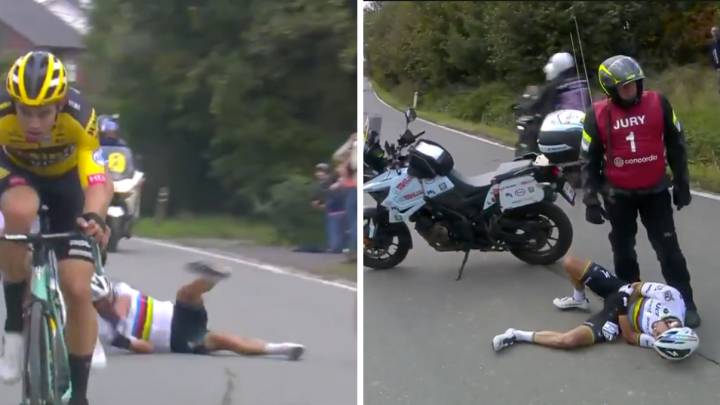 Terrible caída de Alaphillippe al chocar con una moto en Flandes