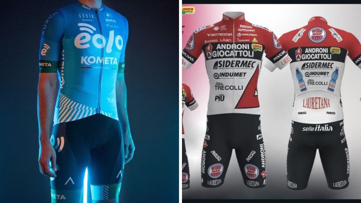 Imagen de los maillots del Eolo-Kometa y del Androni-Giocattoli Sidermec para la temporada 2021.