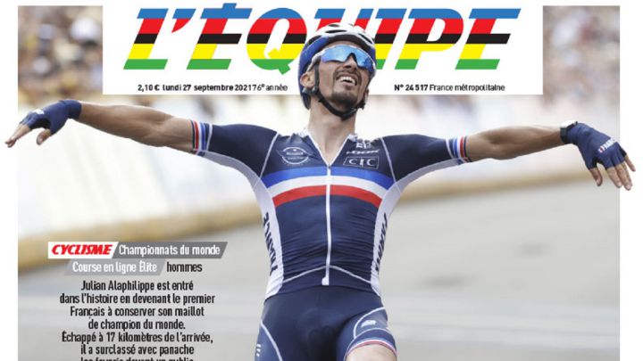 Portada de la edición impresa de L'Équipe del 27 de septiembre de 2021 con protagonismo para Julian Alaphilippe tras ganar el título en los Mundiales de Ciclismo en Ruta de Flandes.
