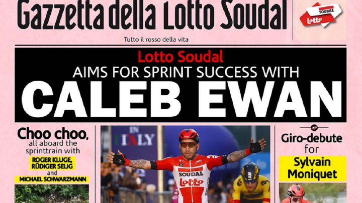 Portada de La Gazzetta della Lotto Soudal, una imitación de La Gazzetta dello Sport con la que el Lotto-Soudal ha presentado su equipo para el Giro de Italia con Caleb Ewan como líder.
