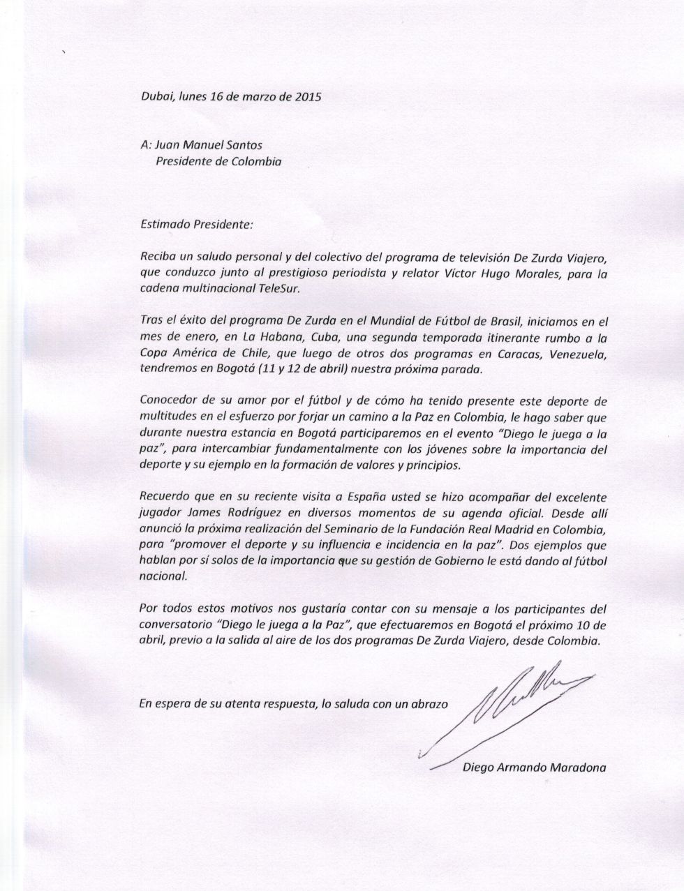 Carta de Diego Maradona al presidente Juan Manuel Santos 