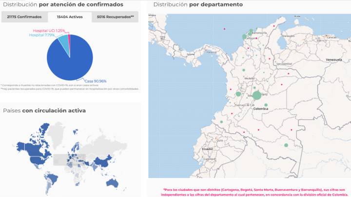 Este es el mapa de casos y muertes por coronavirus en cada departamento de Colombia. Hasta la fecha, 24 de mayo de 2020, la cifra de contagios es de 21.175