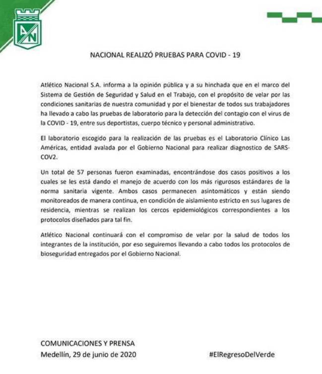 Atlético Nacional confirma dos casos de COVID-19
