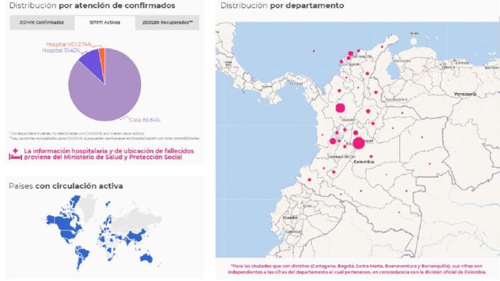 Mapa del coronavirus en Colombia, este 18 de mayo de 2021. Casos, muertes y recuperados por departamentos. 107.971 casos activos hasta el momento.